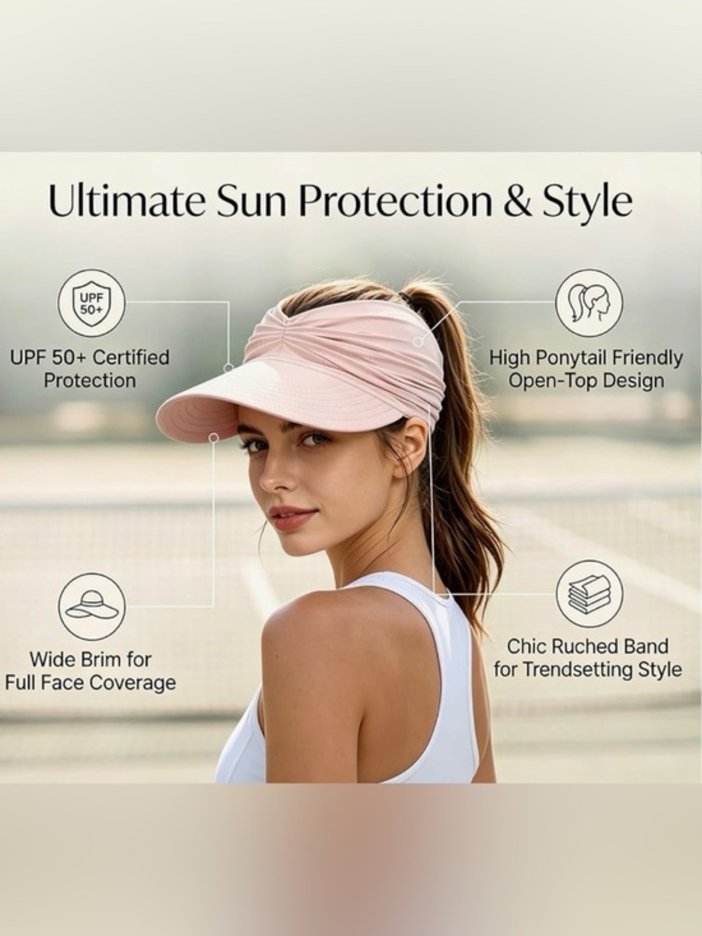 Women's BEIGE UPF 50+ UV Protect Sun Visor Hat Wide Brim Lightweight Ponytail